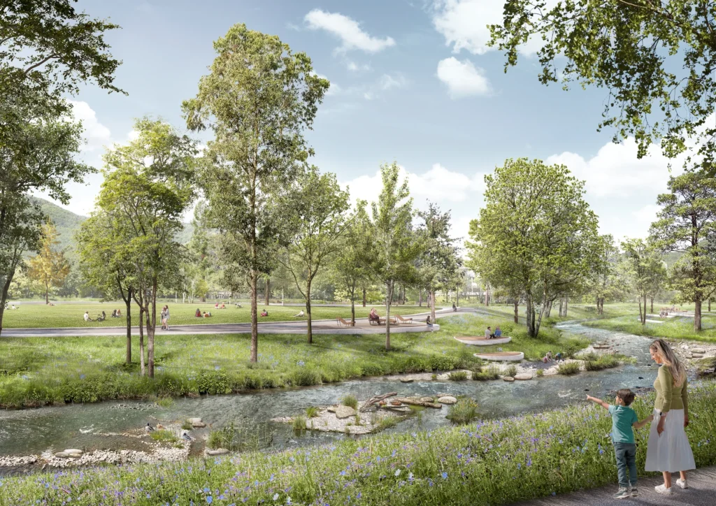 Zukünftiger Aufenthaltsbereich an der Erms mit Sitzstufen und Zugang an die Erms