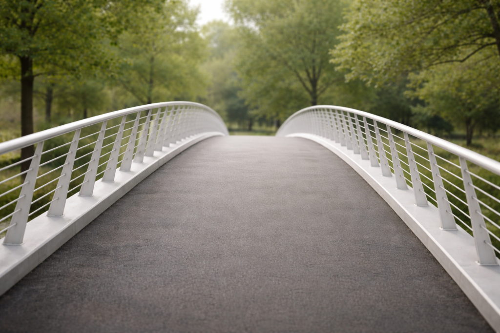 Kurwiesenbrücke, geschwungene Brücke über die Erms