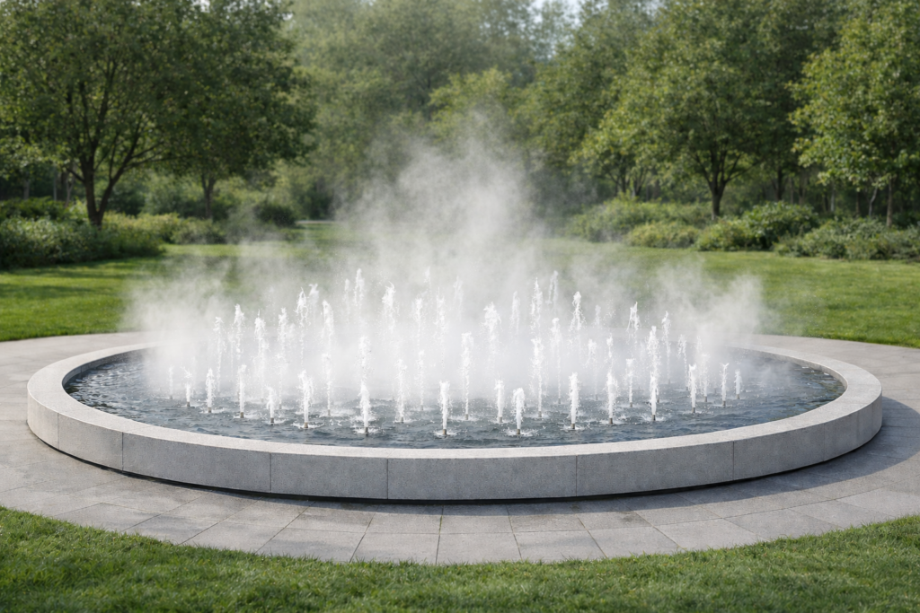 Nebelbrunnen im Kurpark, Wasser sprudelt aus dem Nebelbrunnen, feiner Wassernebel, Treffpunkt für Groß und Klein