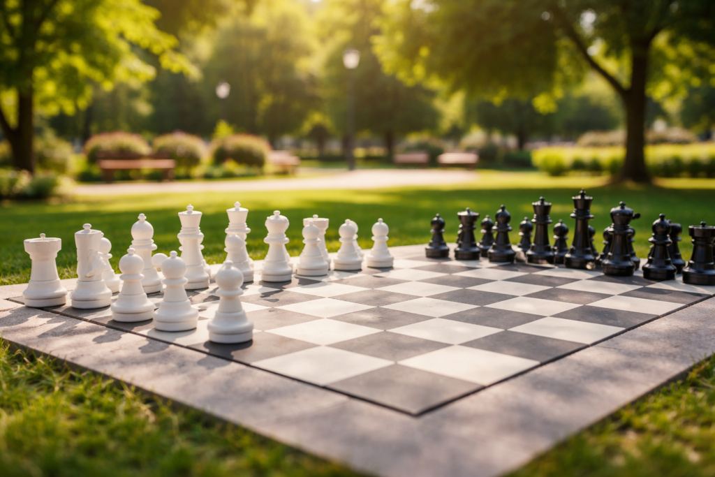 Schach-Spielfeld im Kurpark. Gemeinsames Spiel im Freien für alle.